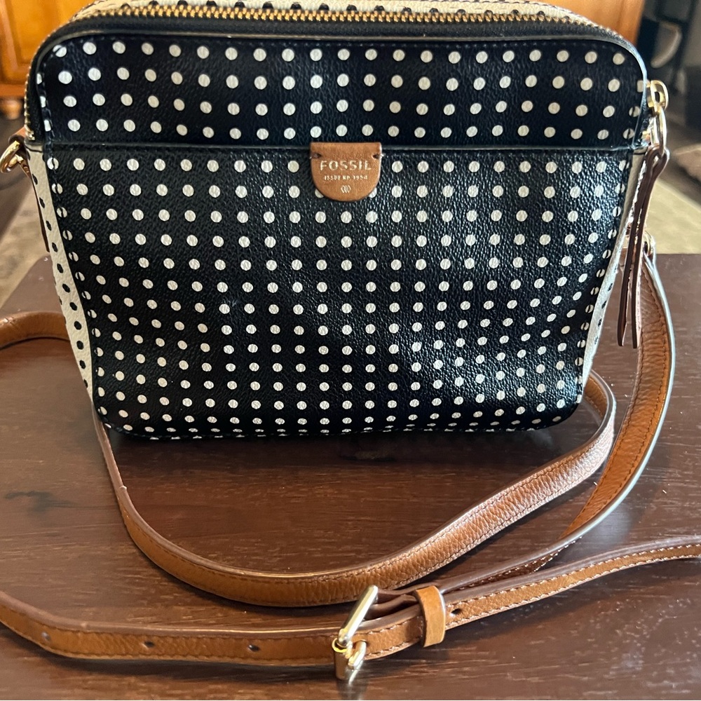 FOSSIL Polka Dot SYDNEY Crossbody Shoulder Bag Black White